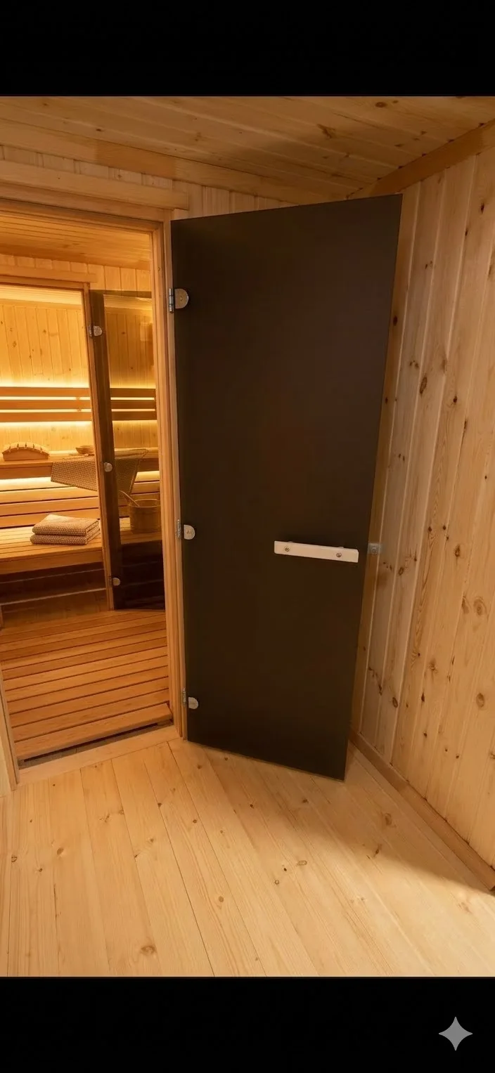 Вход в парную с дверью из закаленного стекла