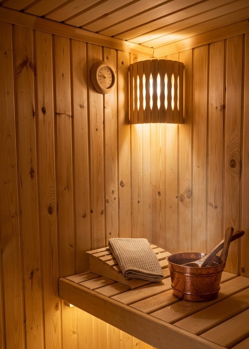 Полок и светильник в парной