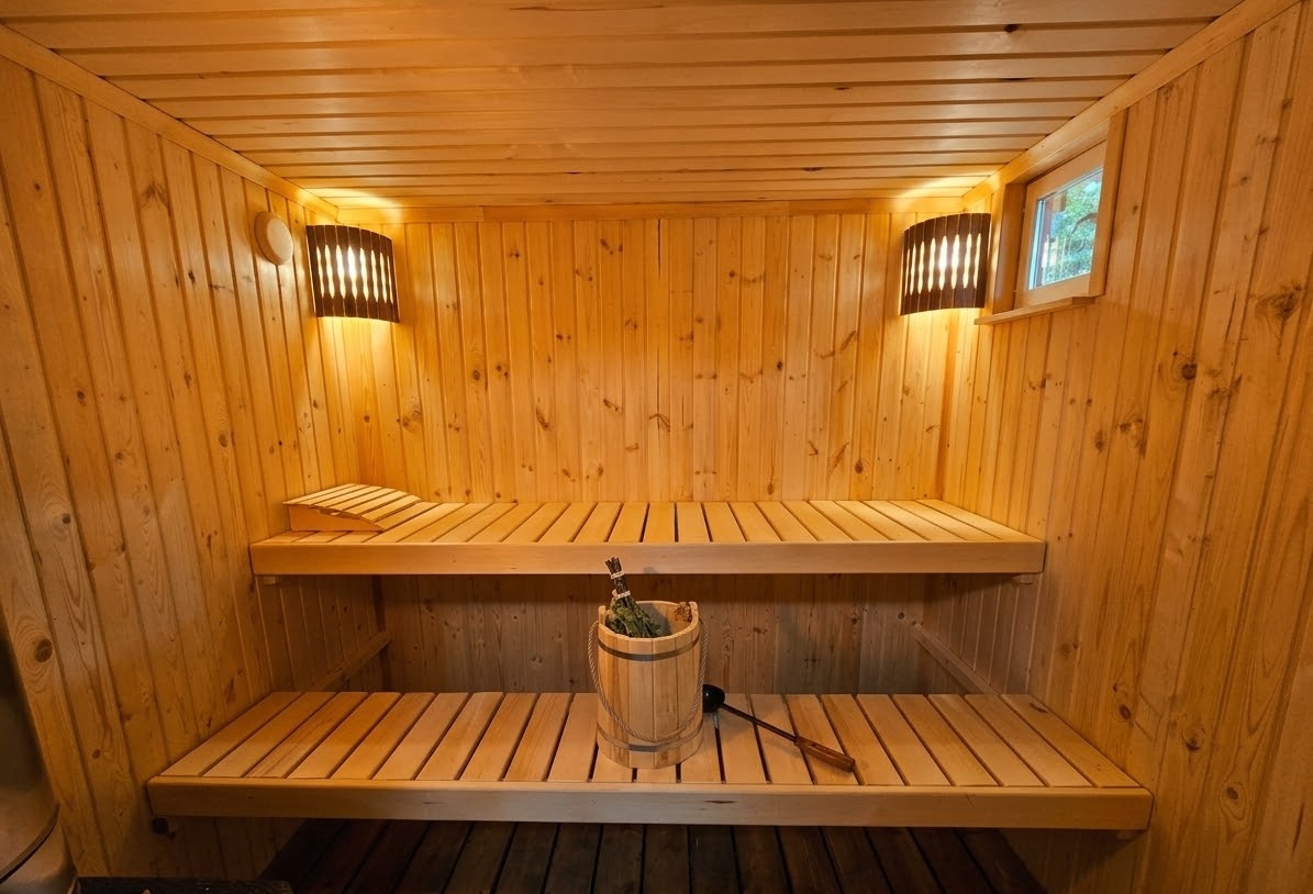 Двухъярусные полки в просторной парной